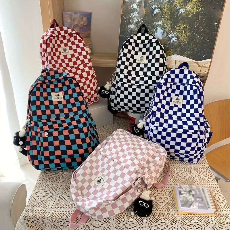 Bags Female Junior High College Middle School Students, Ins-Style Girls' Backpacks, Checkerboard Pattern Backpacks for Girls, Available in Five C