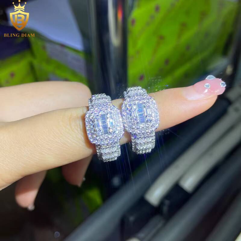 Hot Saling 925 Silver Moissanite Rings Iced Out Baguette Cut Moissanite Rings Mens HipHop VVS Moissanite Rings Past Diamond Test