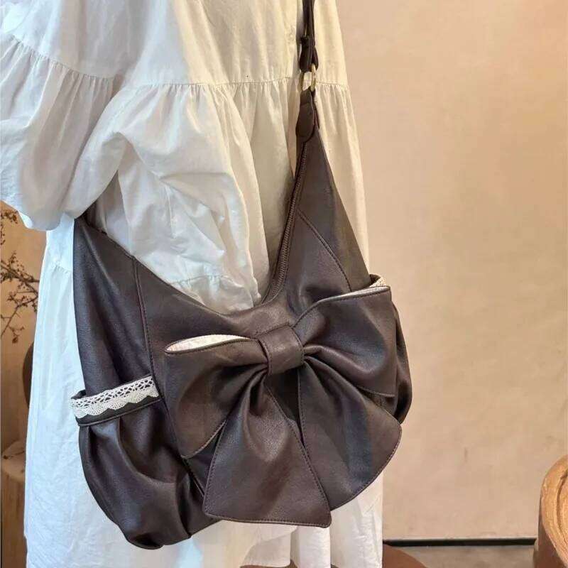 Korean Retro Bow Lace Tote Women Brown Soft Leather Large Capacity Shoulder Ladies Sweet Cute Harajuku Crossbody Bag New C260204