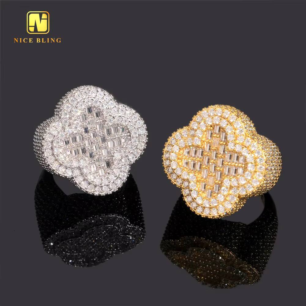 GRA Certificate Baguette Hip Hop Rapper VVS Moissanite Fine Jewelry Diamond Men Rings Iced Out Jewelry 925 Silver Clover Ring