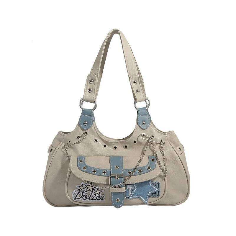 Gothic Punk Y2K One Shoulder Tote Bag, Harajuku Aesthetic Leather Patchwork Casual Handbag, Vintage Beige Female Bags C260204