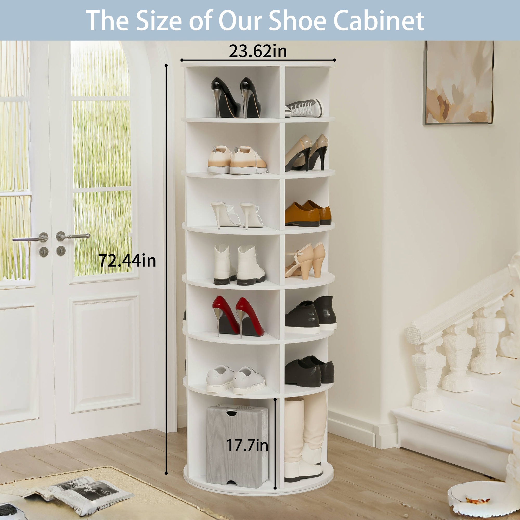 Rotating Shoe Rack Tower 7-Tier Spinning Shoe Rack Free Standing 360° Revolving Shoe Organizer High Bottom Design Shoe Tower Spinning Storage Fits 28 
