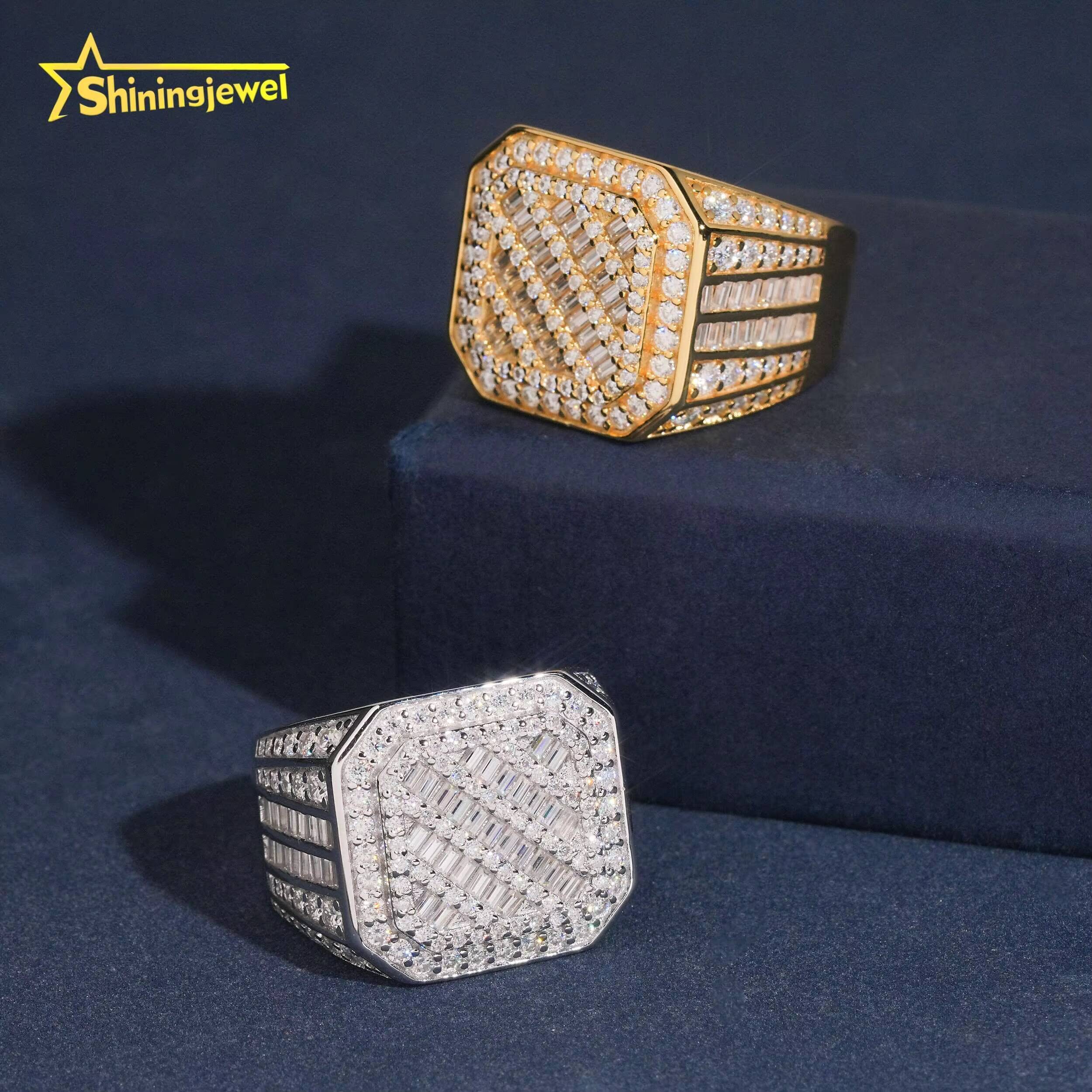 Iced Out 18k Gold Plated baguette Cut Moissanite Ring Fashion Hip Hop Jewelry S925 Silver Men Engagement Ring