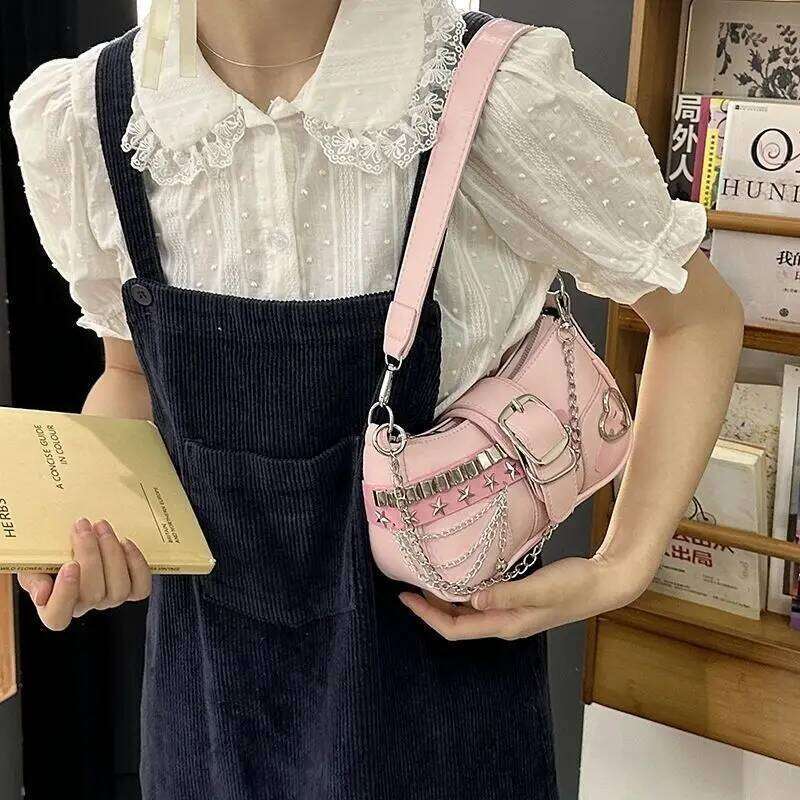 Vintage Korean Casual Cute Pink Star Shoulder Underarm Tote Bag Ladies Sling Bags Leather Zip Purses Women Chain Y2k Handbag New C260204