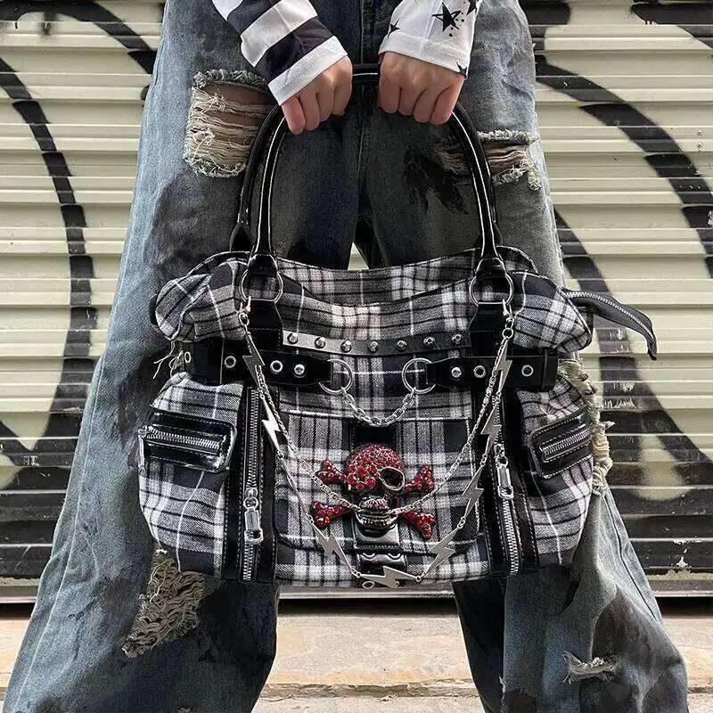 Y2k Womens Fashion Plaid Briefcase Canvas Shoulder Punk Chains Large Capacity Tote Bag Harajuku Girl Casual Handbag C260204
