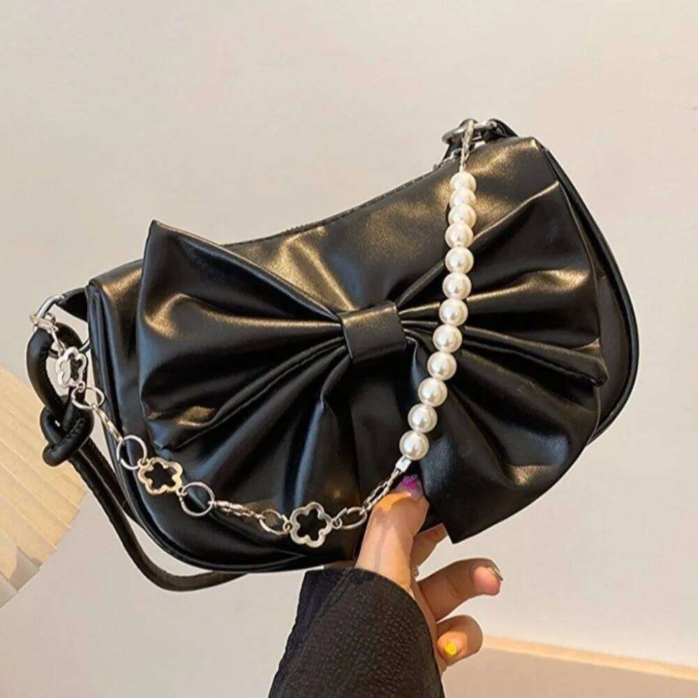 Casual PU Leather Bowknot Shoulder Solid Color Pearl Women Underarm Bag Adjustable Korean Style Bow Handbag Female C260204