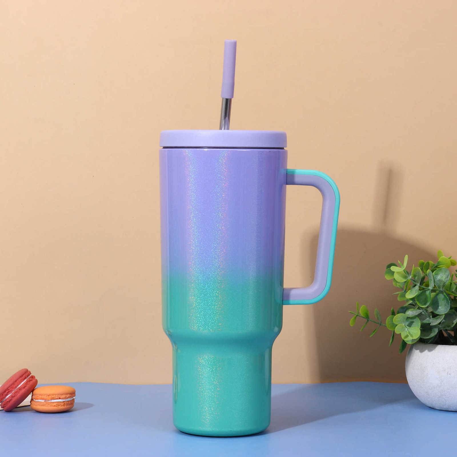 Stainless steel straw cup - 40oz large capacity insulated cup - cold-keeping handle - car cup - vehicle ice dispenser cup X250321