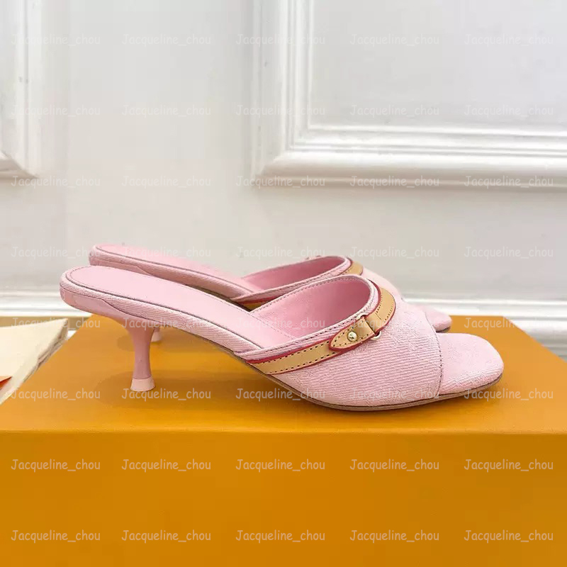 Women Denim Slippers Designer Pink Sandals Classic Printing Kitten Heels 5CM 10CM High-heeled Party Shoes Open Toe Genuine Leather Pumps Size 35-42