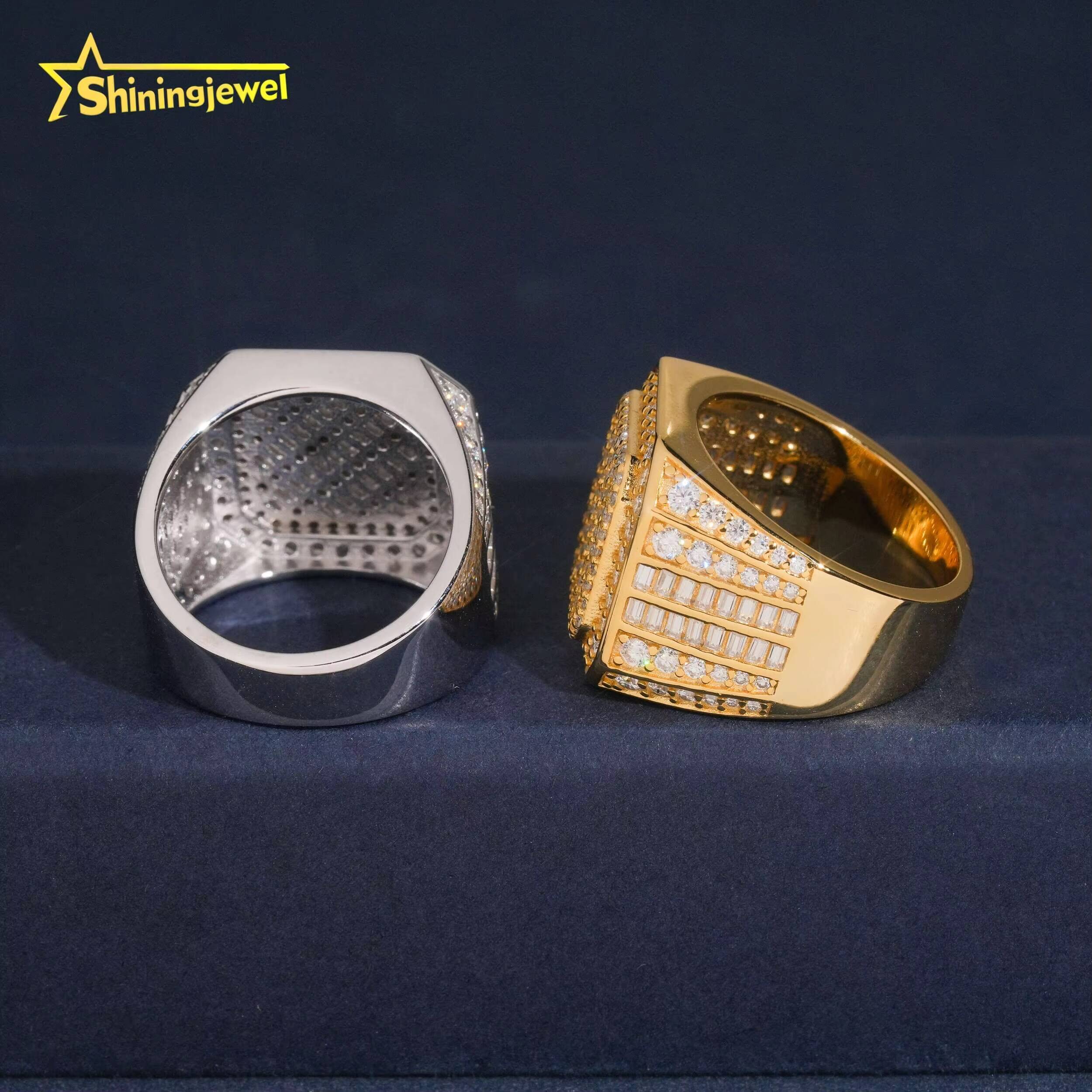 Iced Out 18k Gold Plated baguette Cut Moissanite Ring Fashion Hip Hop Jewelry S925 Silver Men Engagement Ring