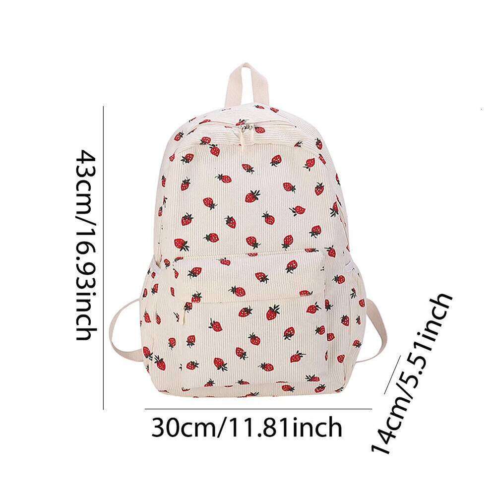 Corduroy Strawberry Casual Travel Backpack Large Capacity Fashion Teenagers Daypack Adjustable Strap for Women Girls Z260204