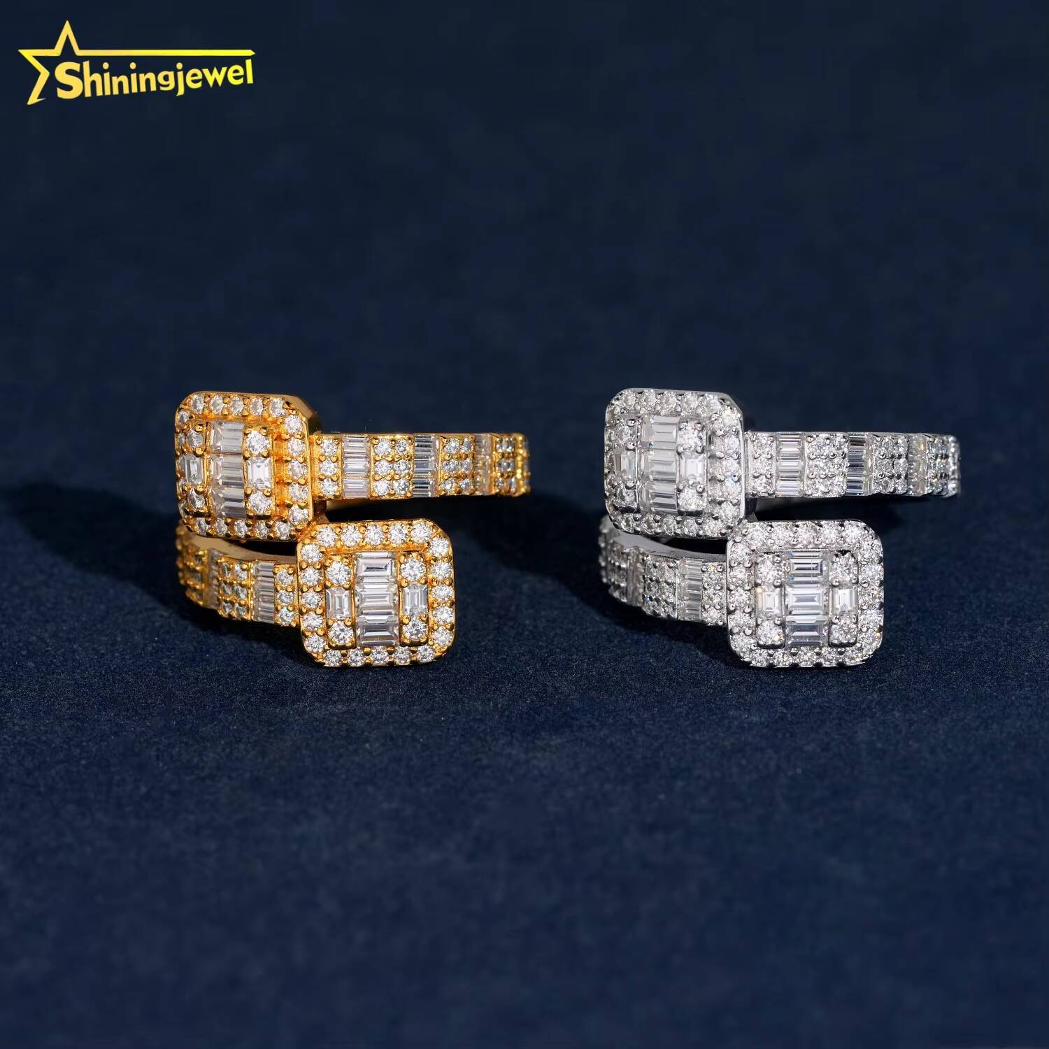 Real Gold Plated Square Shape Open Ring Pass Diamond Tester Hip Hop Jewelry 925 Silver Fully Iced Baguette Moissanite Men Ring