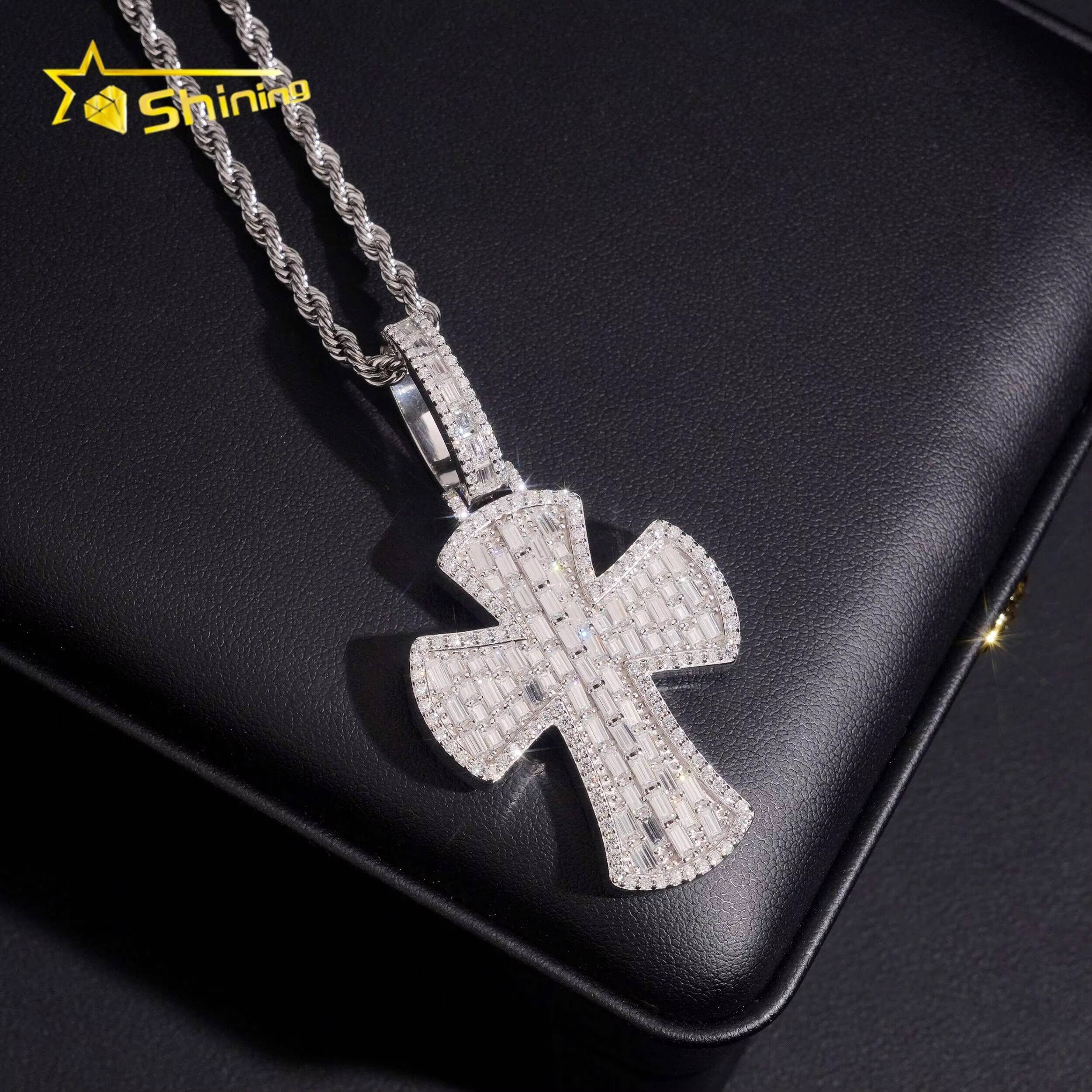 New Style Baguette Diamond Rose Gold 925 Silver Hip Hop Iced Out Cross Mens Moissanite Pendant