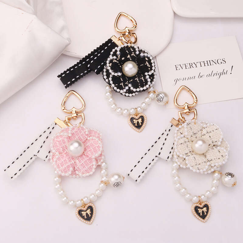 New Pearl Camellia Ribbon Keychain Pendant Cute Colorful Fabric Flower Accessories Earphone Case Bag Decoration