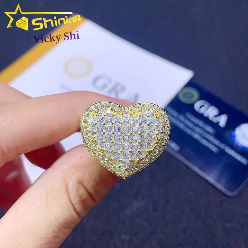 Hip Hop Jewelry New Design Heart Shape Iced Out Moissanite Diamond Ring 925 Silver Pass Diamond Tester