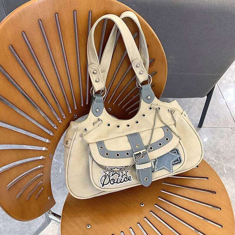 Gothic Punk Y2K One Shoulder Tote Bag, Harajuku Aesthetic Leather Patchwork Casual Handbag, Vintage Beige Female Bags C260204
