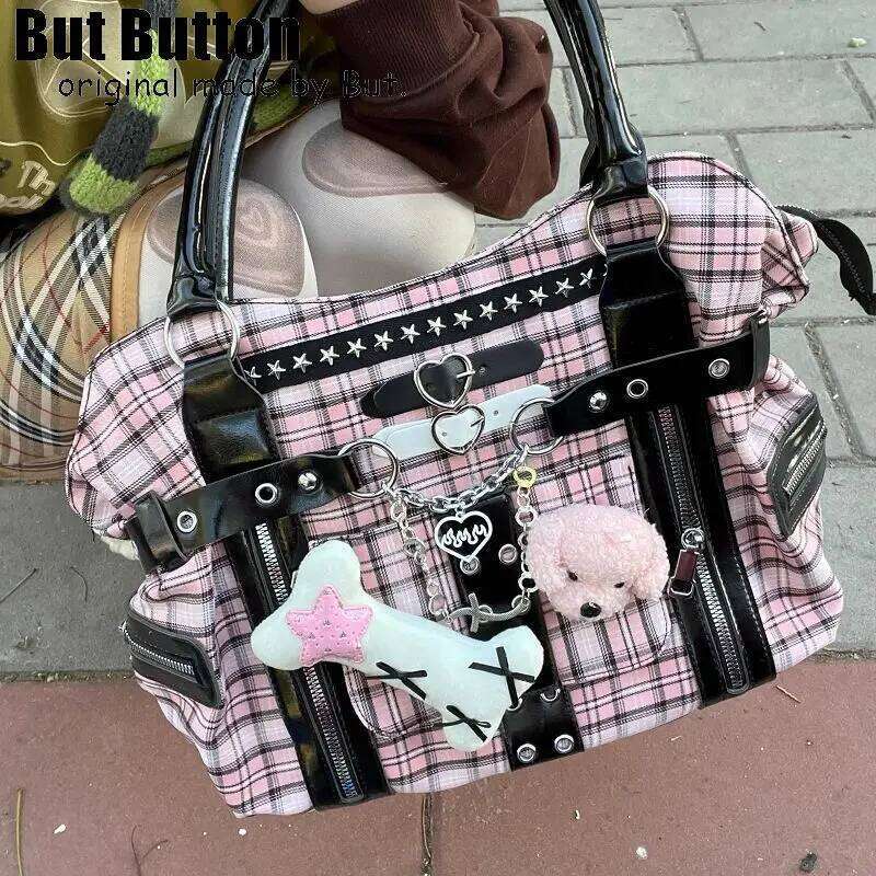 Y2k Girl Womens Tote Aesthetic Steampunk Punk Large pink Capacity Shoulder Bag Rivets Literary Harajuku New Handbag C260204