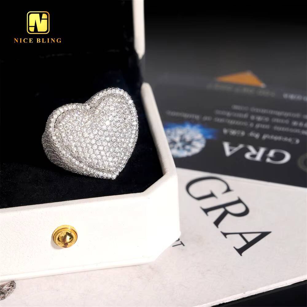 Pass Diamond Tester Heart Shape Hip Hop Rapper VVS Moissanite Fine Jewelry Diamond Iced Out Jewelry 925 Silver Ring for Men