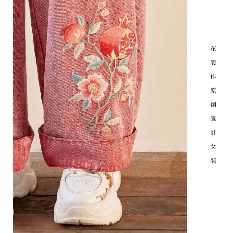 Original Ethnic Autumn New Chinese Style Embroidery Denim Top And Pants Two-Piece Set