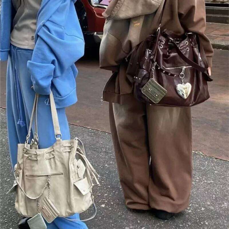 High Street Large Capacity Tote Bag Purse Women Retro Pocket Pu Leather Y2k Handbag Ladies Harajuku Casual Crossbody Bags C260204