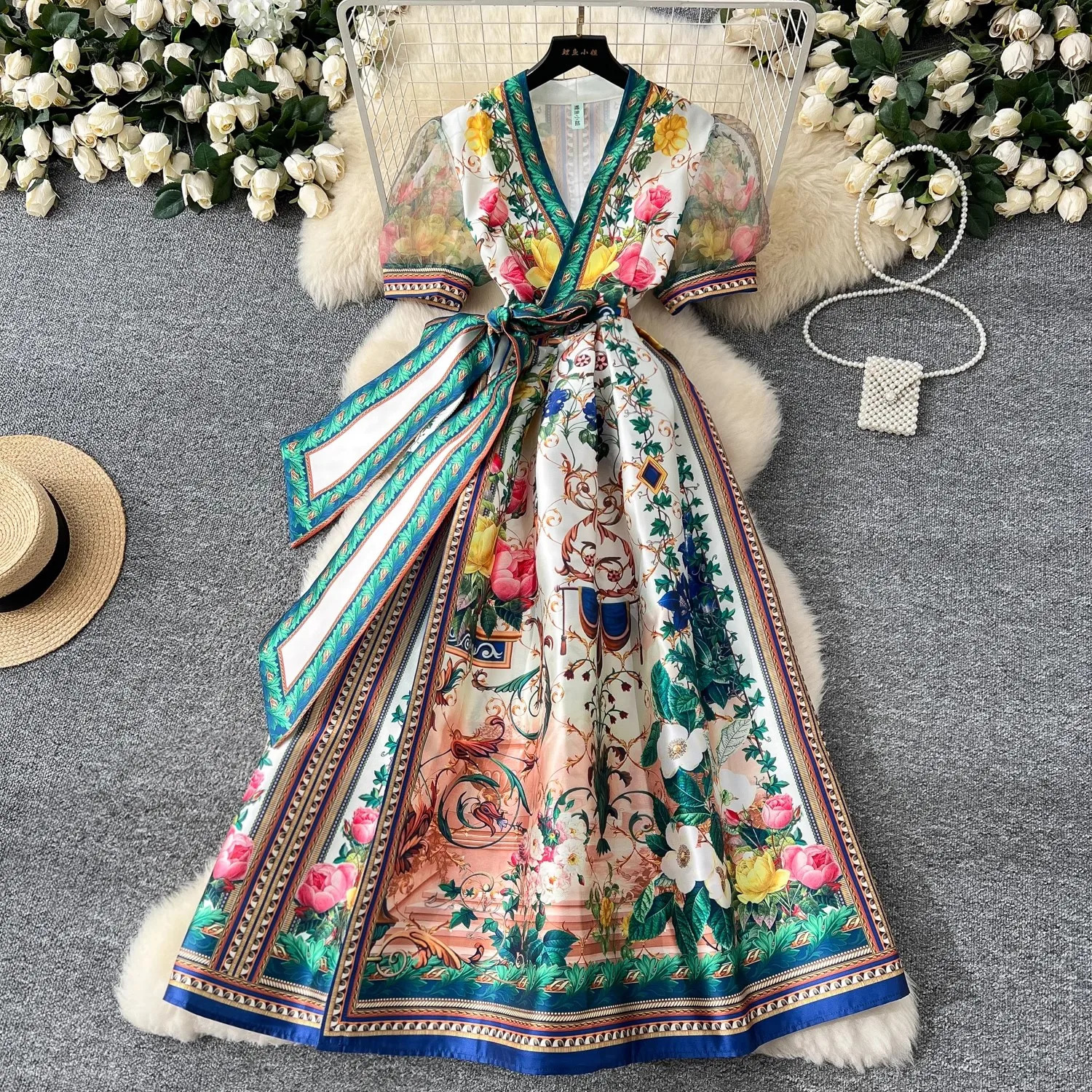 French Gorgeous Flower Holiday Long Dress Womens V-Neck Short Puff Sleeve Lace Up Vintage Maxi Robes Party Vestidos Clothes 260127