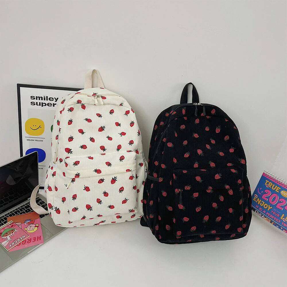 Corduroy Strawberry Casual Travel Backpack Large Capacity Fashion Teenagers Daypack Adjustable Strap for Women Girls Z260204