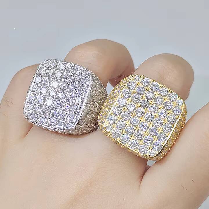 Square Shape Vvs Moissanite Mens Wedding Ring Platinum Hip Hop Fashion Design Cuban Chain Jewelry with Diamond Accents