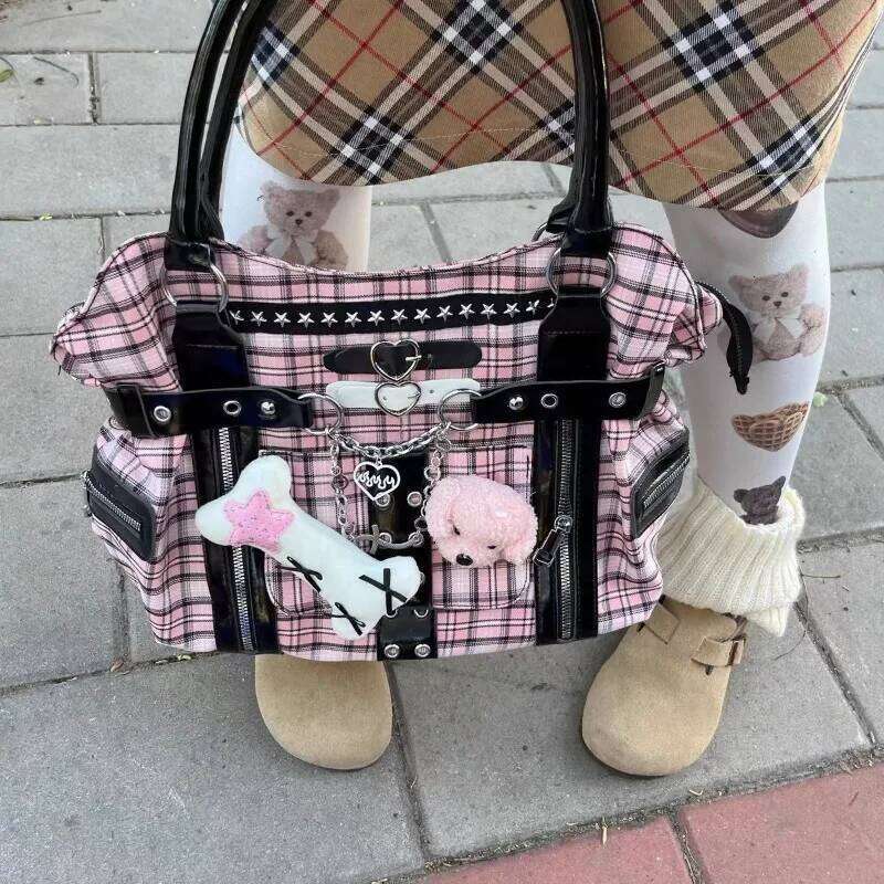 Y2k Womens Fashion Plaid Briefcase Canvas Shoulder Punk Chains Large Capacity Tote Bag Harajuku Girl Casual Handbag C260204
