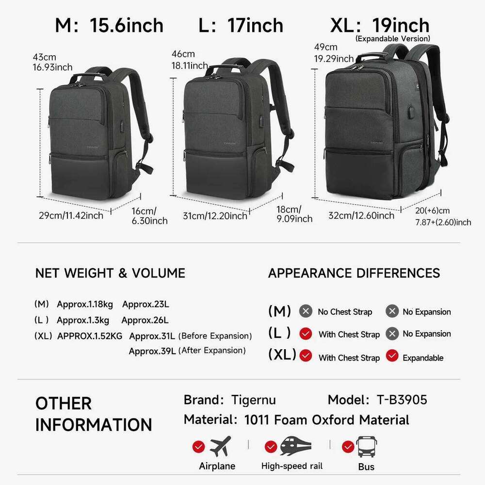 Tigernu Expandable 15.6-19inch Laptop Backpack For Men RFID Anti Theft Travel Bag Schoolbag Cabin Bags Knapsack Z260204