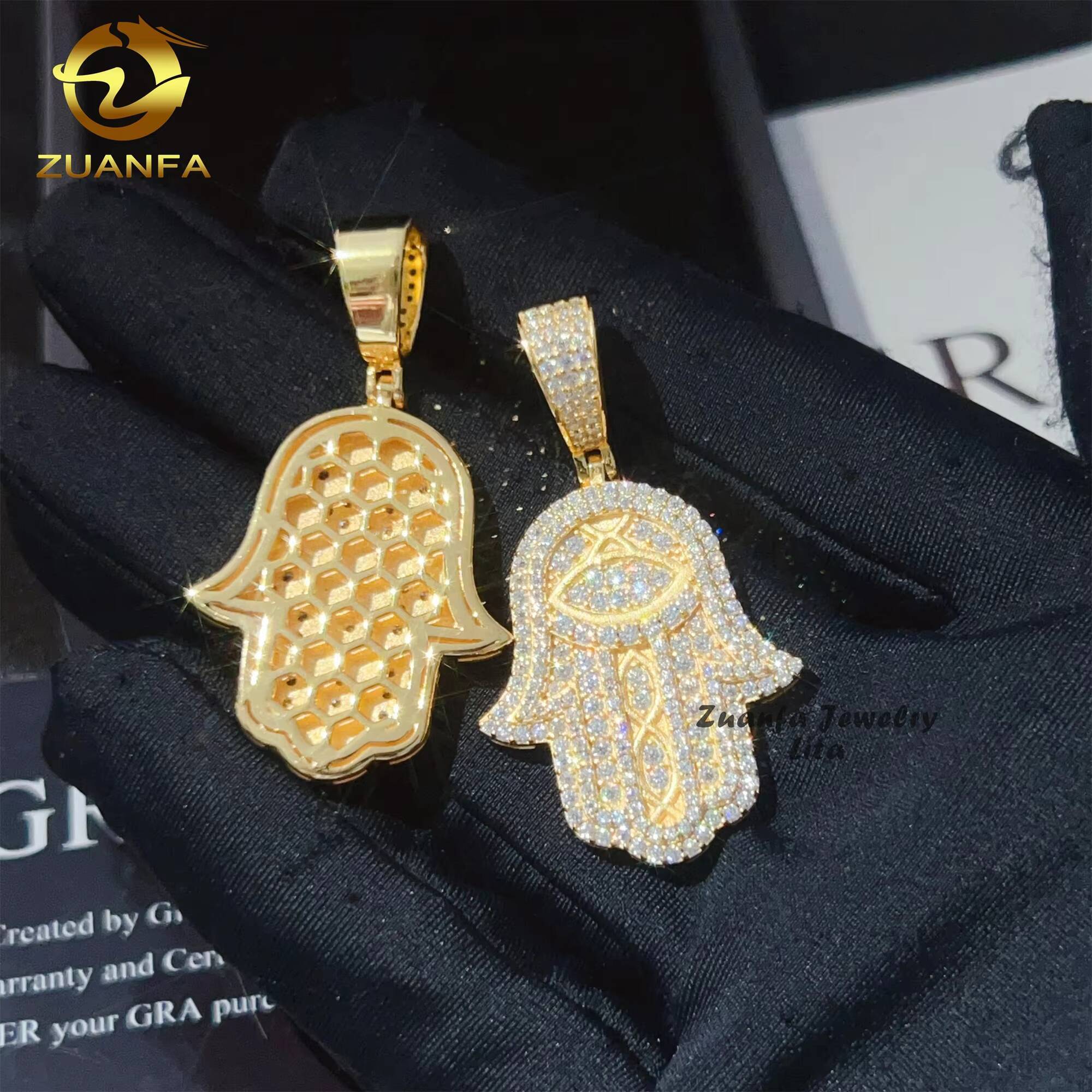 New Arrival Hip Hop Jewelry 18k Gold Plated GRA Certificate Custom 925 Silver VVS Moissanite Hamsa Hand Pendant