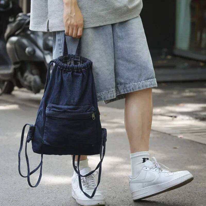 Mochila Washed Drawstring Canvas Bag for Women's Retro Fashion Travel Unisex Solid Color Denim Backpack Z260204