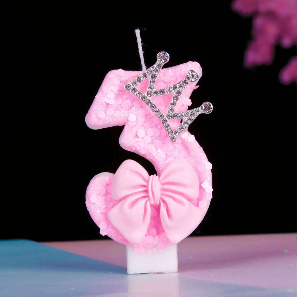 Digital birthday new silver crown girl pink bow candle S260204