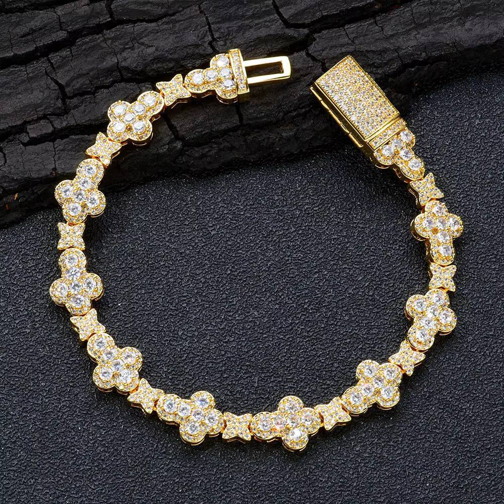New Mens Iced Chain Link Bracelet Full Paved Moissanite Star Cross Charm 18K Gold Plated Copper Alloy Hip Hop Anniversary