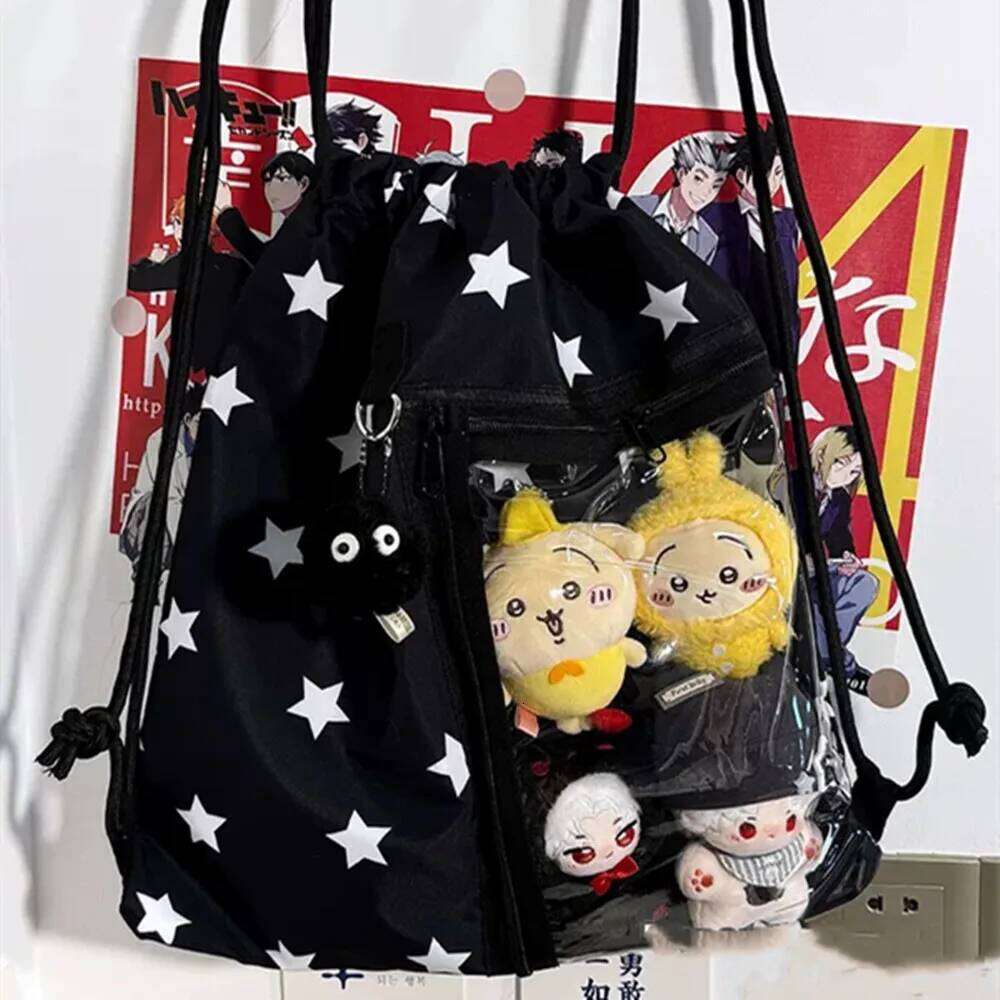 Korean Fashion Student Canvas Y2K Star Print Drawstring Backpack Girls Lightweight Pain-Free Large Capacity Shoulder Bag Z260202