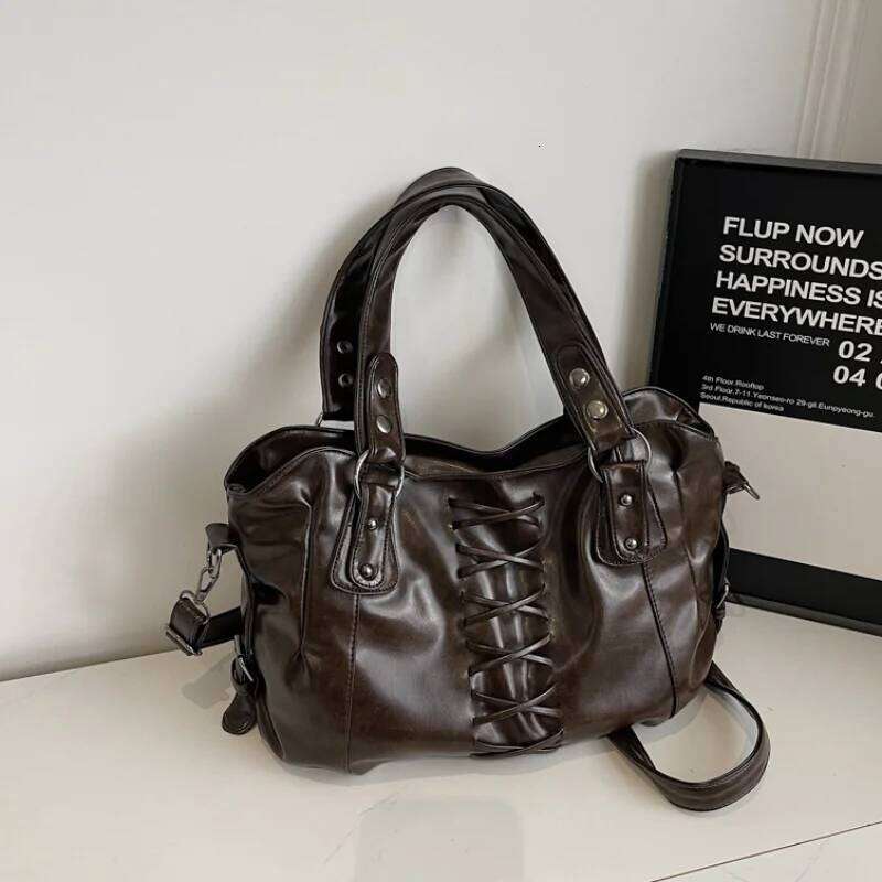 Studded Vintage Luxury Glossy Pu Women's Handbag Stylish Lace-up Motorcycle New Punk-style Large Capacity Tote Bag C260204