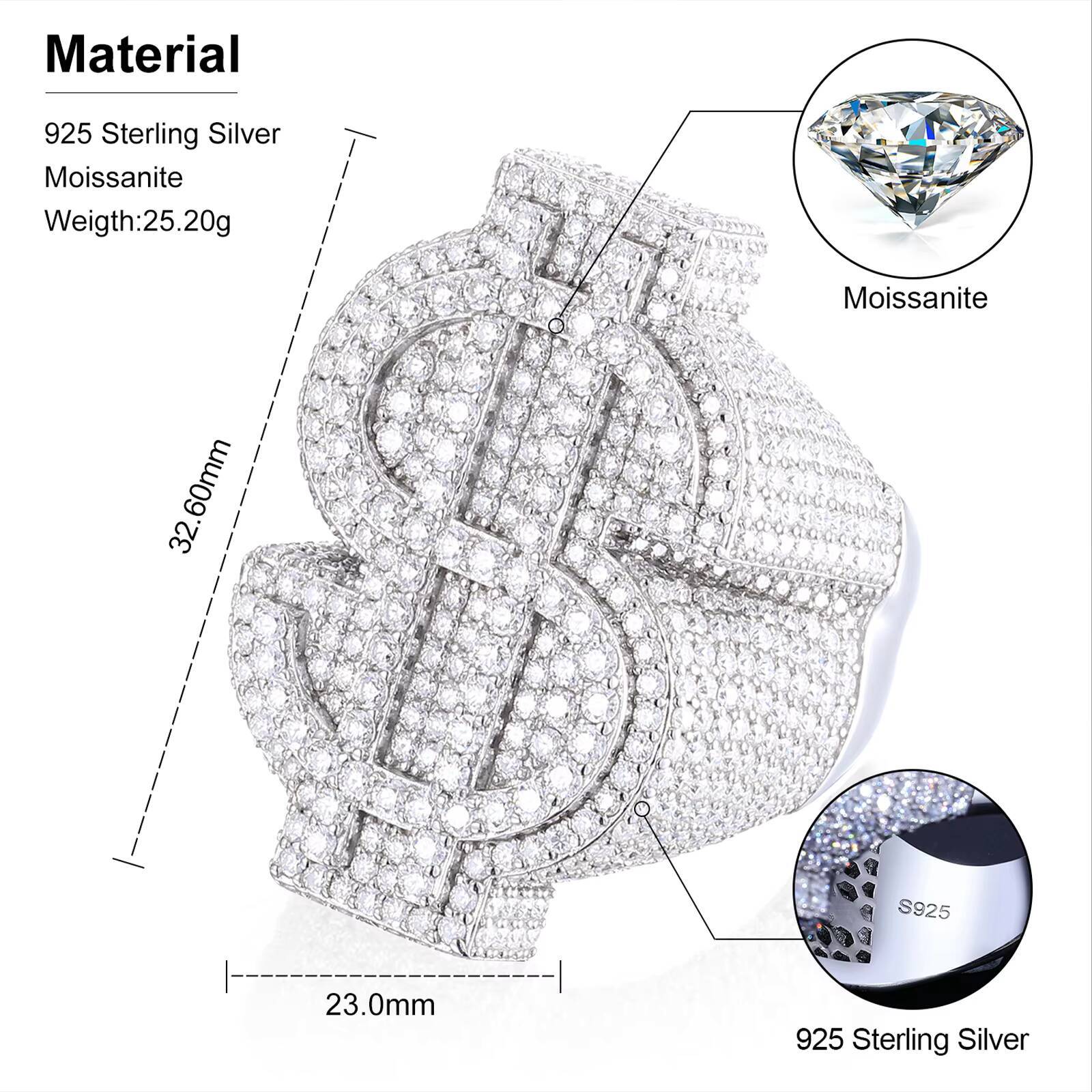 Pass Diamond Tester Full Moissanite Dollar Ring Hip Hop Jewelry 925 Sterling Silver Lab Gemstone Iced Out Men Ring