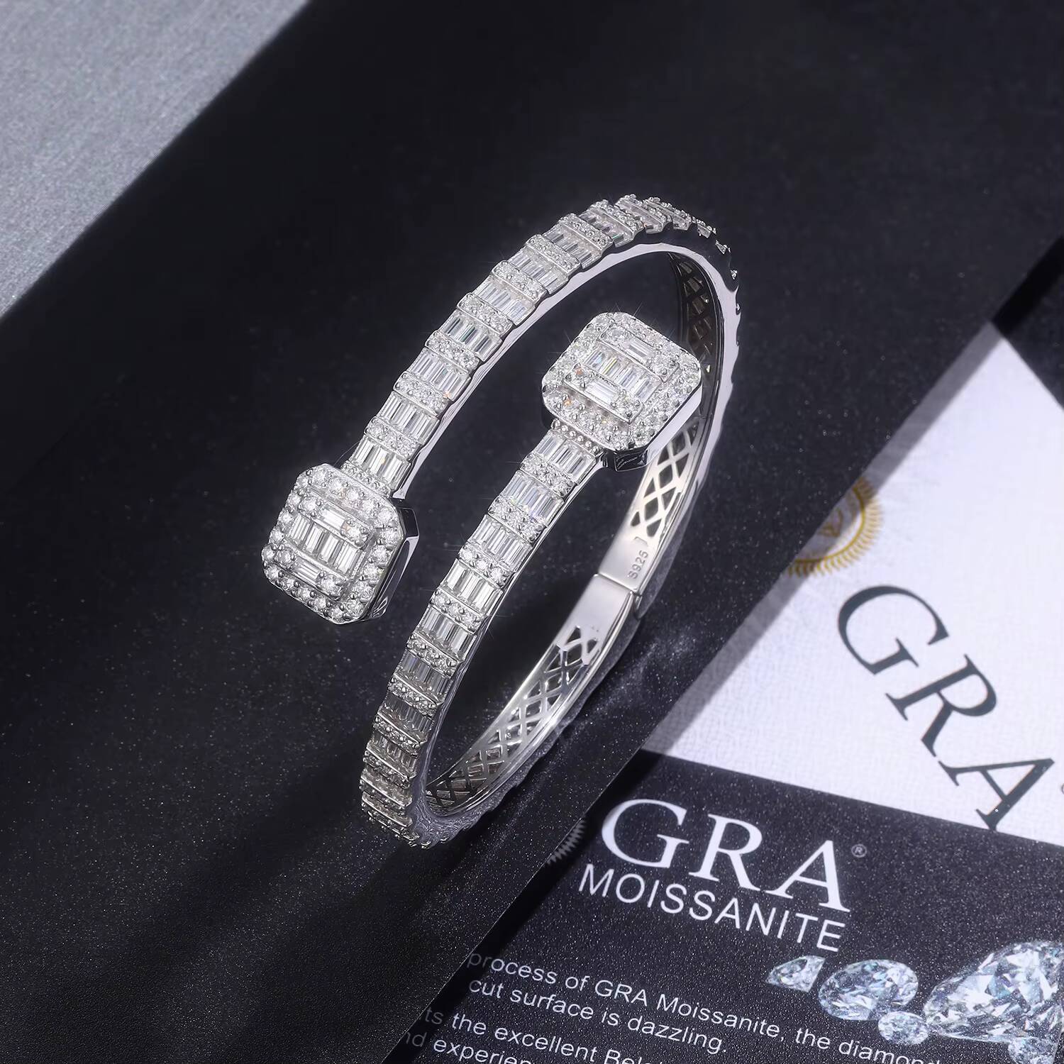 925 Silver Moissanite Bangle Bracelet with Baguette Stones Elegant Design for Women Luxury Paved Bangle