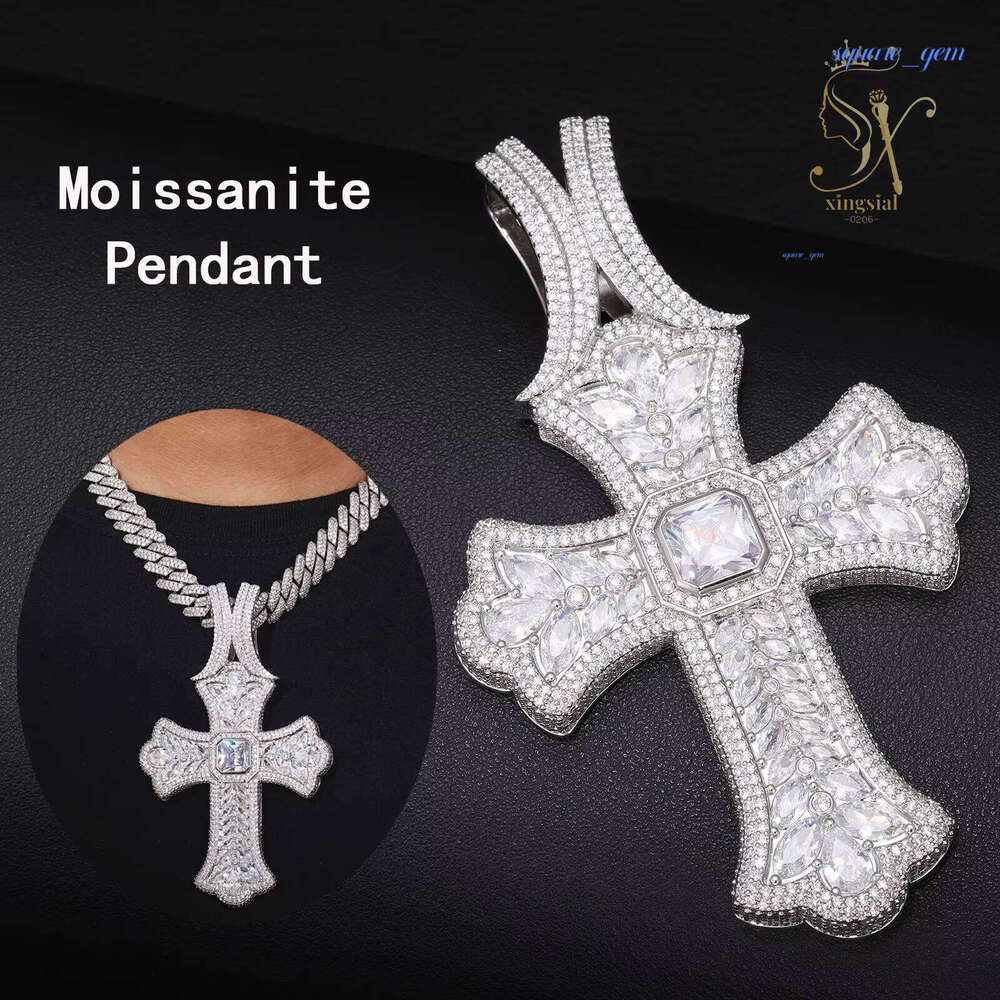 Custom Men GRA Charm 925 Silver Luxury Hiphop Style Necklace 18K White Gold Cross Solid Moissanite Diamond Pendant