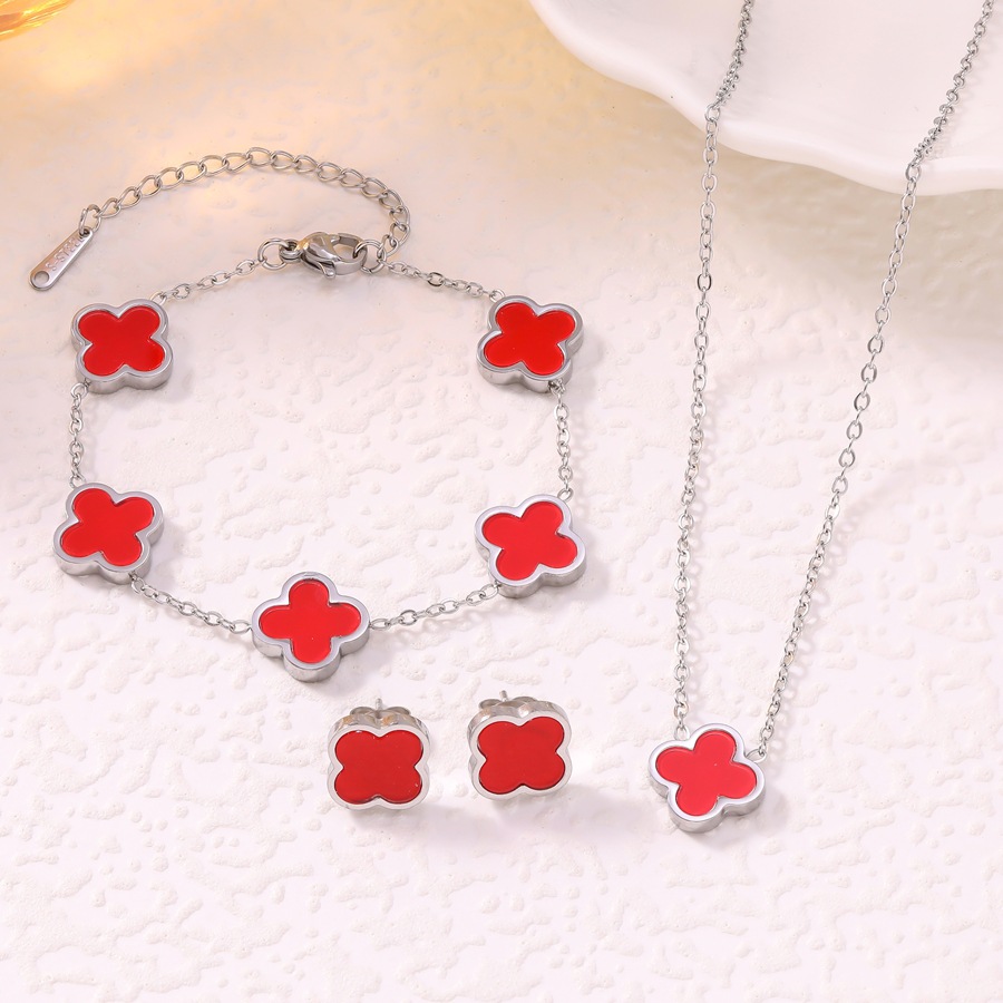Hot-Selling Glossy Lucky Four-Leaf Clover Titanium Steel Double-Sided Mother-of-Pearl Bracelet Necklace Earrings Three-Piece Set Decorations Manufactu - view 4