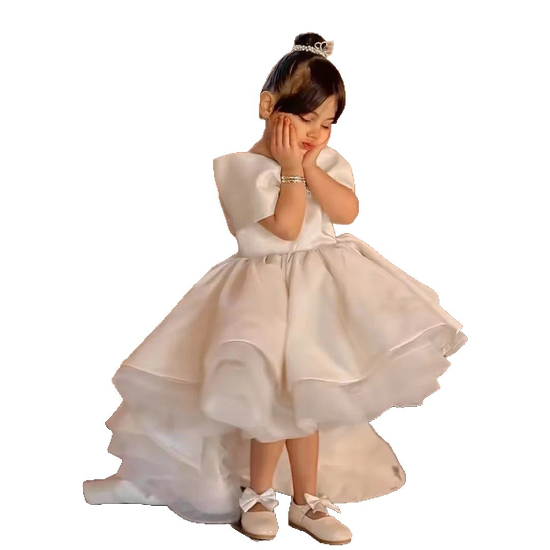 Customized Pink Flower Girl Dresses For Wedding Satin With Bow Off Shoulder Simple Kids Birthday Party First Communion Ball Gown Z250716