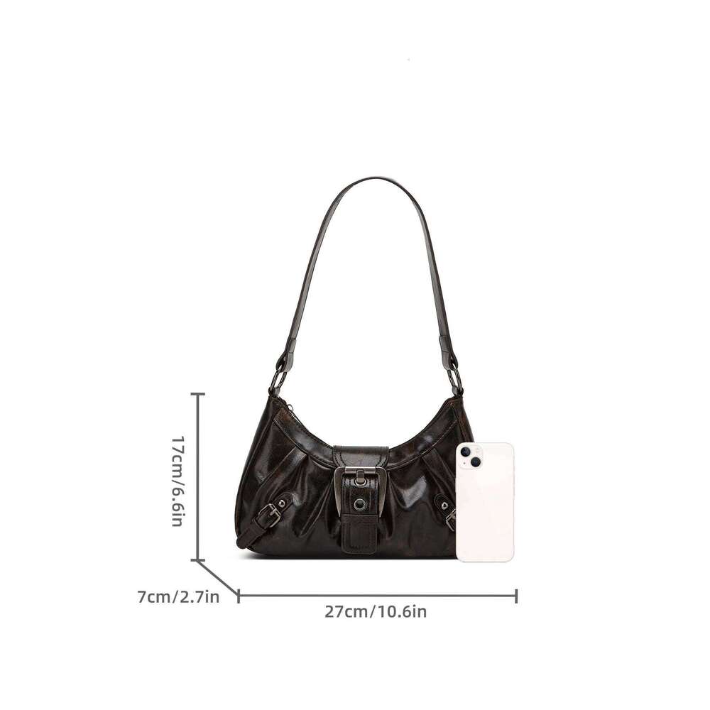 Y2K Retro Style Maillard Pleated Armpit Bag, Fashionable Ladies Cool Leather Shoulder Bag C260204