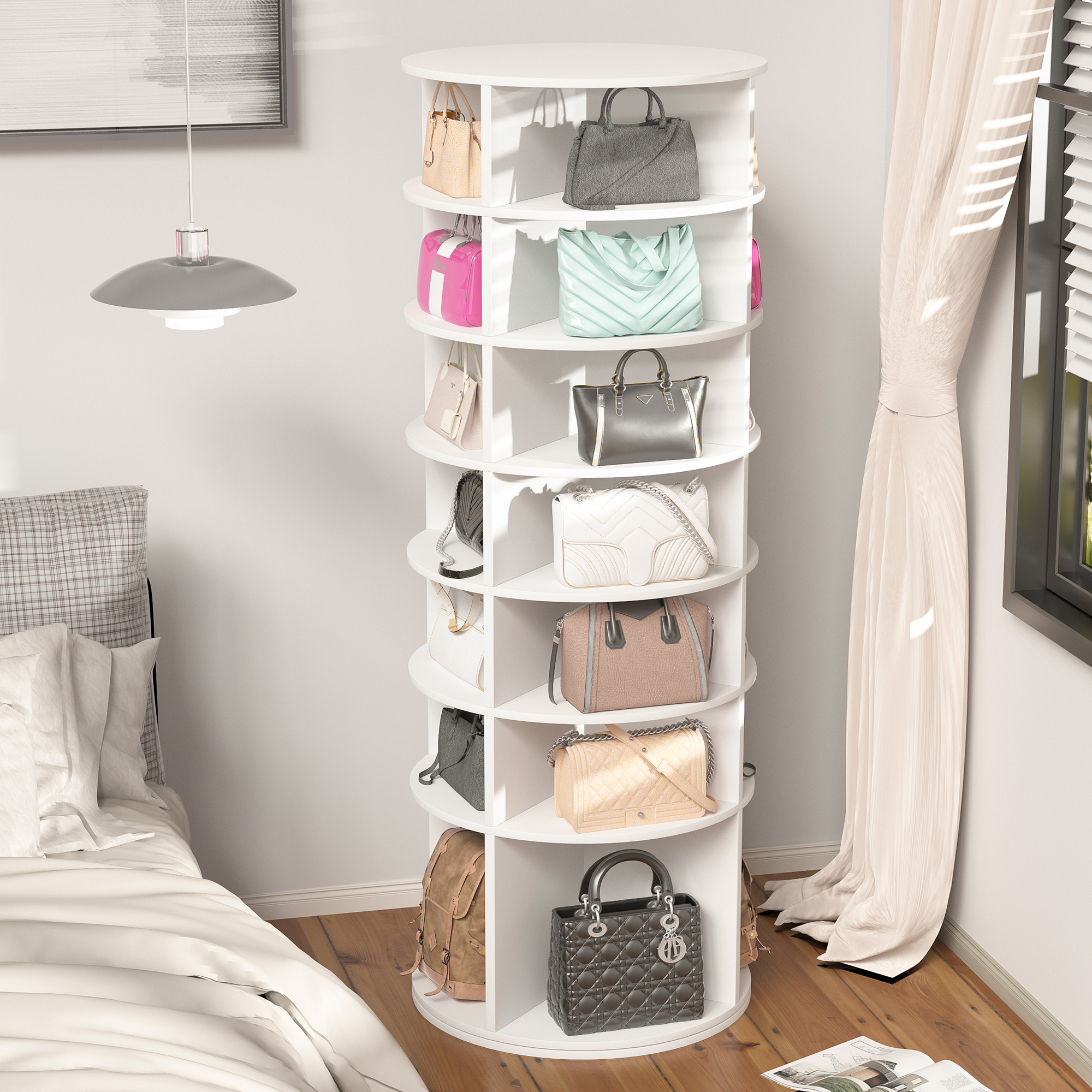 Rotating Shoe Rack Tower 7-Tier Spinning Shoe Rack Free Standing 360° Revolving Shoe Organizer High Bottom Design Shoe Tower Spinning Storage Fits 28 