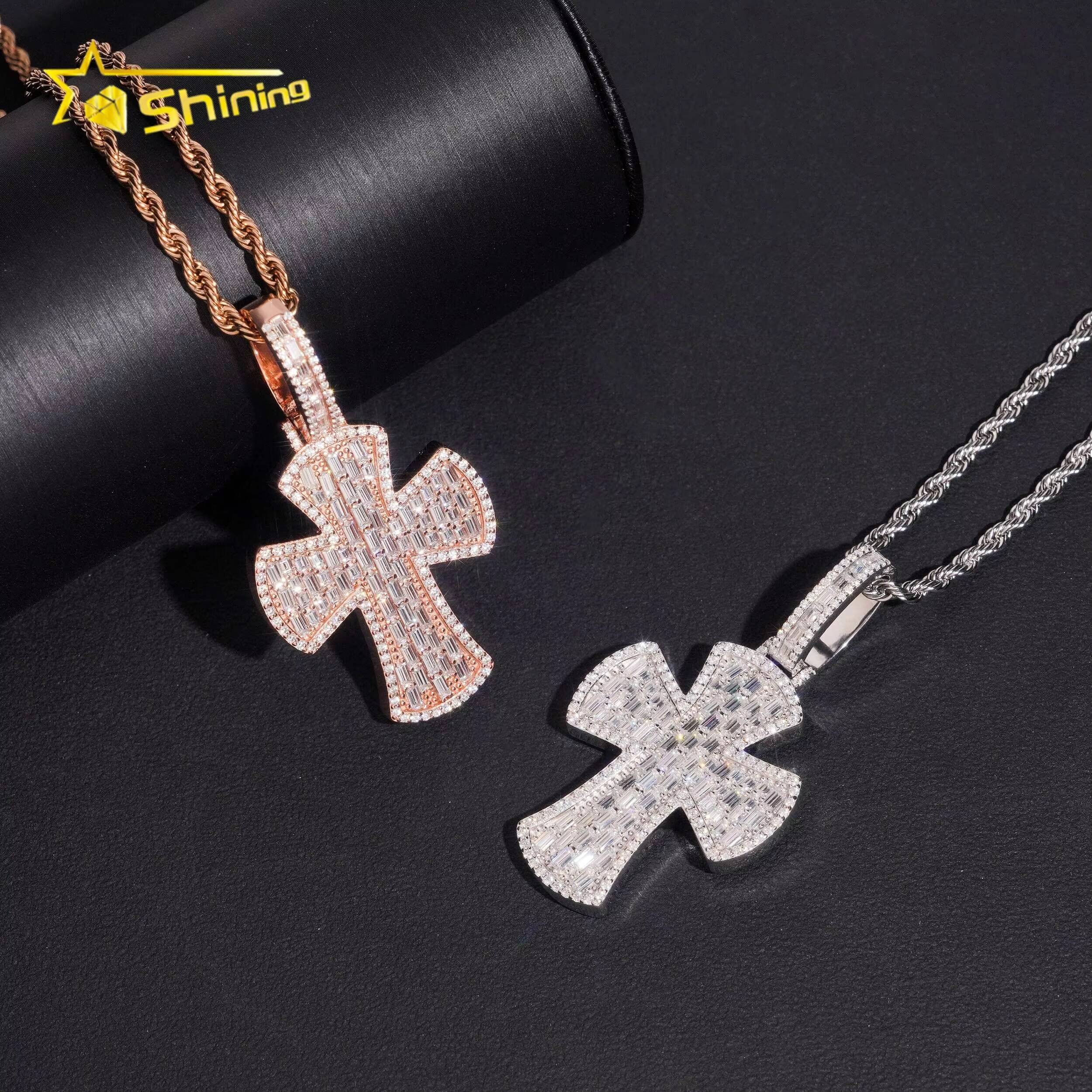 New Style Baguette Diamond Rose Gold 925 Silver Hip Hop Iced Out Cross Mens Moissanite Pendant