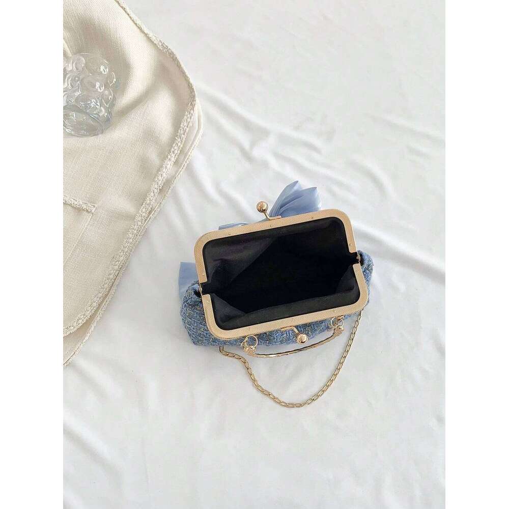 Glittering Chain Plaid Pattern Evening For Women Bow Decor Shoulder Bag, Fashionable Elegant Clutch, Womens Crossbody Bag C260204