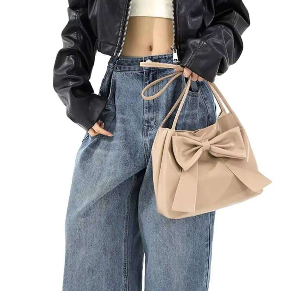 Elegant Solid Color PU Bow Shoulder Bucket Korean Style INS Tote Luxury Portable Fashion Underarm Bag Decoration C260204