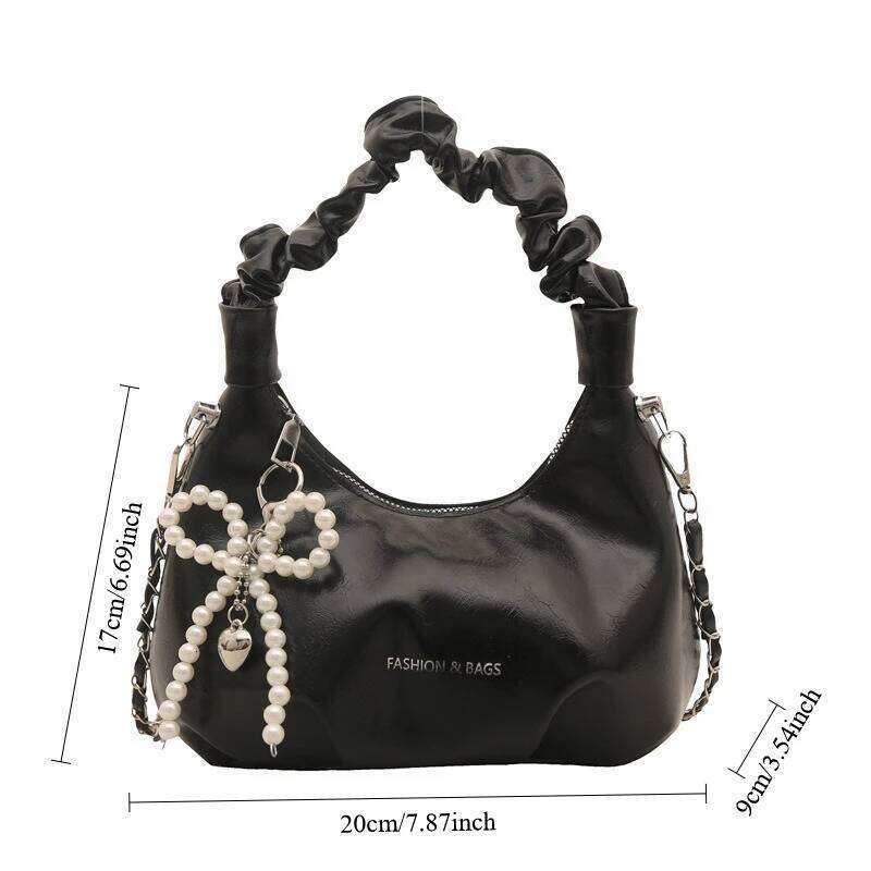 Hot Y2K New Underarm Bags for Women Pleated Handle Design Ladies Pearl Bow Handbag Adjustable Strap Shoulder Crossbody Bag C260204