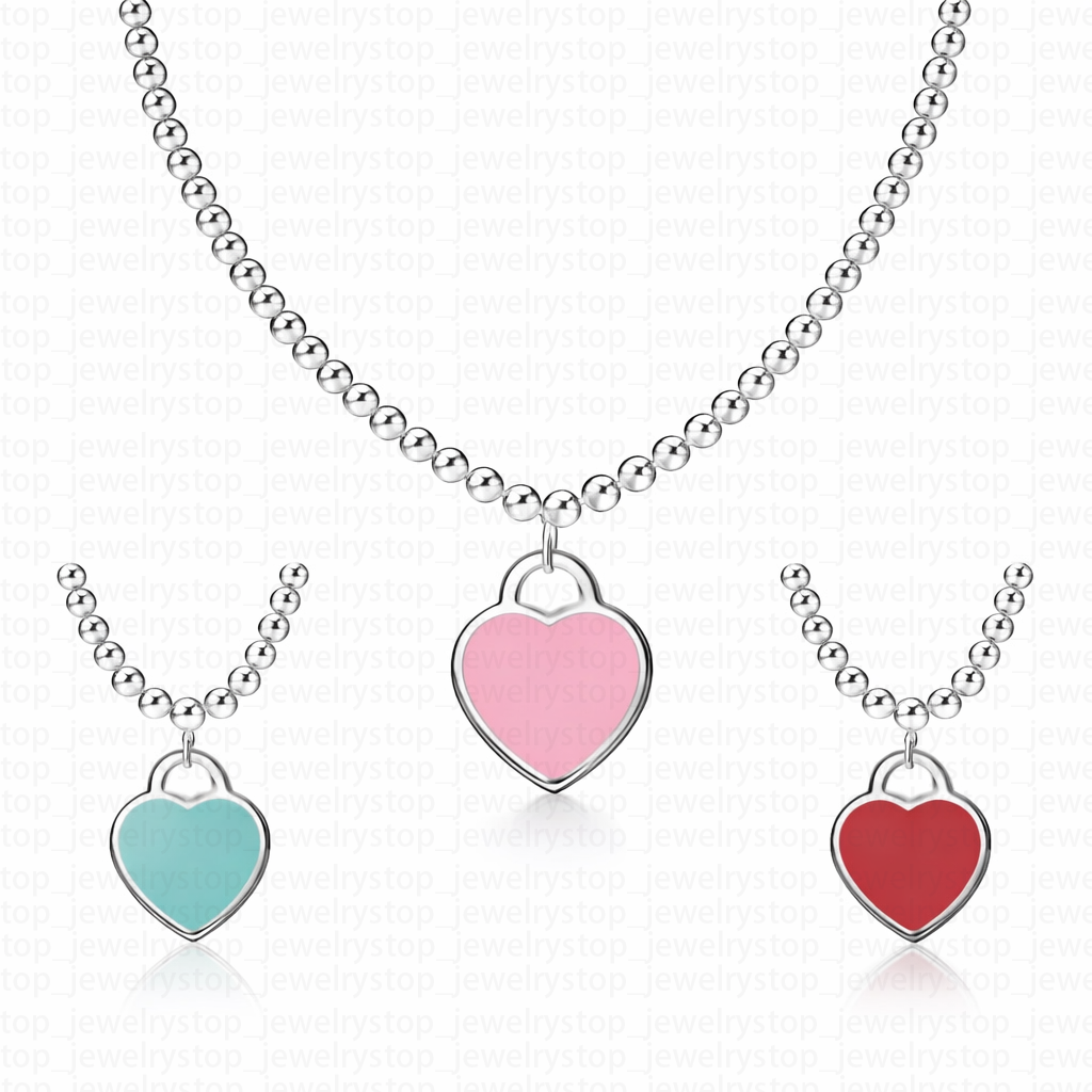 High Quality Stainless Steel Silver Plated Heart Necklace for Women 4mm Bead Chain Pink Blue Red Enamel Pendant Classic Designer Style Jewelry Never Fade