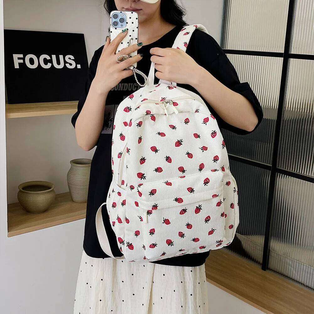 Corduroy Strawberry Casual Travel Backpack Large Capacity Fashion Teenagers Daypack Adjustable Strap for Women Girls Z260204