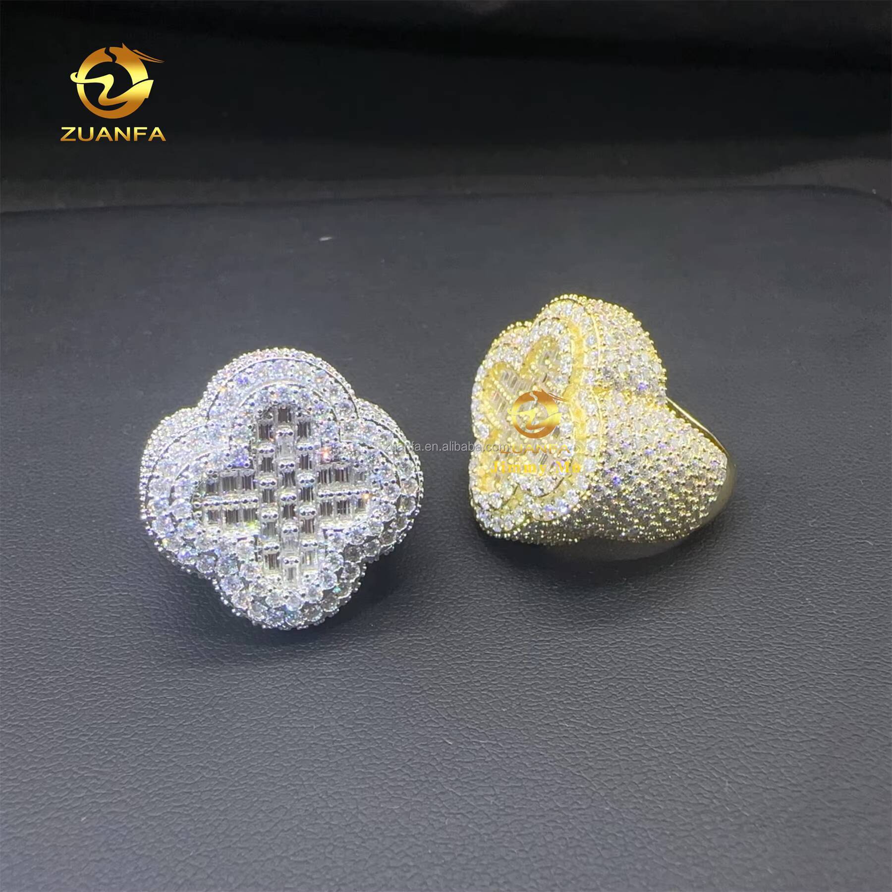 Fashion Man Jewelry Iced Out Flower Four Cleef Clover baguette Moissanite Diamond 925 Silver Hip Hop Ring for Men