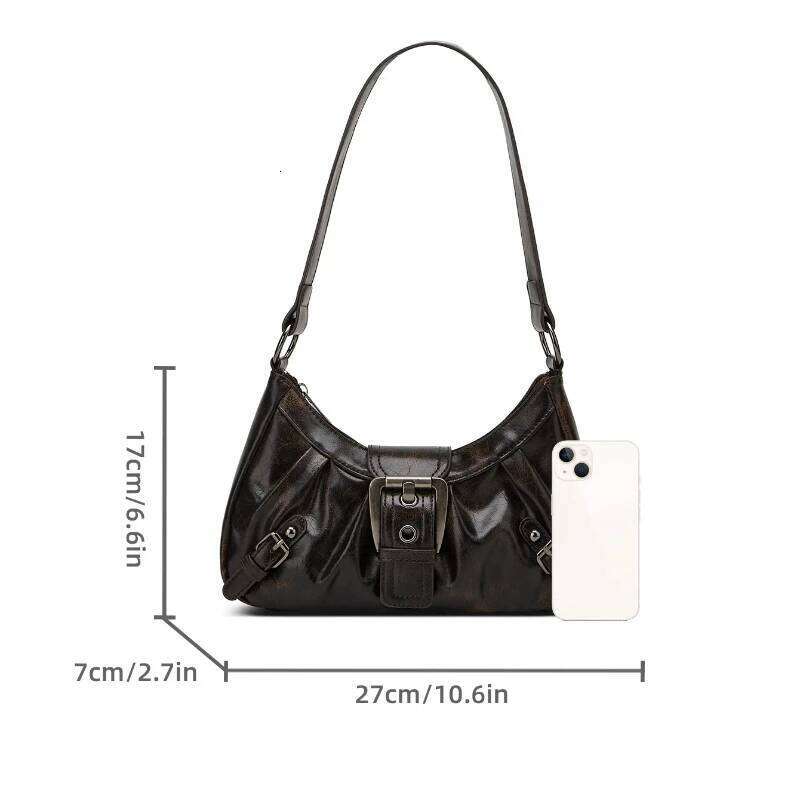 Bags Y2K Retro Style Maillard Pleated Rivet Armpit Bag, Fashionable Ladies Cool Leather Shoulder Bag C260204