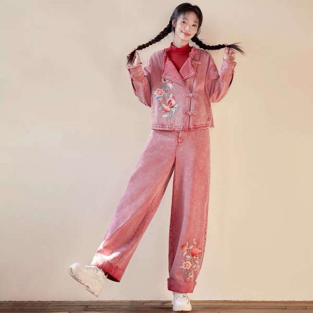Original Ethnic Autumn New Chinese Style Embroidery Denim Top And Pants Two-Piece Set